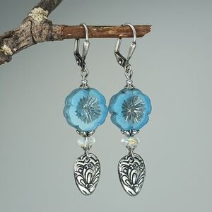 HAND CRAFTED Blue Artisan Glass Flower Silver Sparkle Dangle Earrings